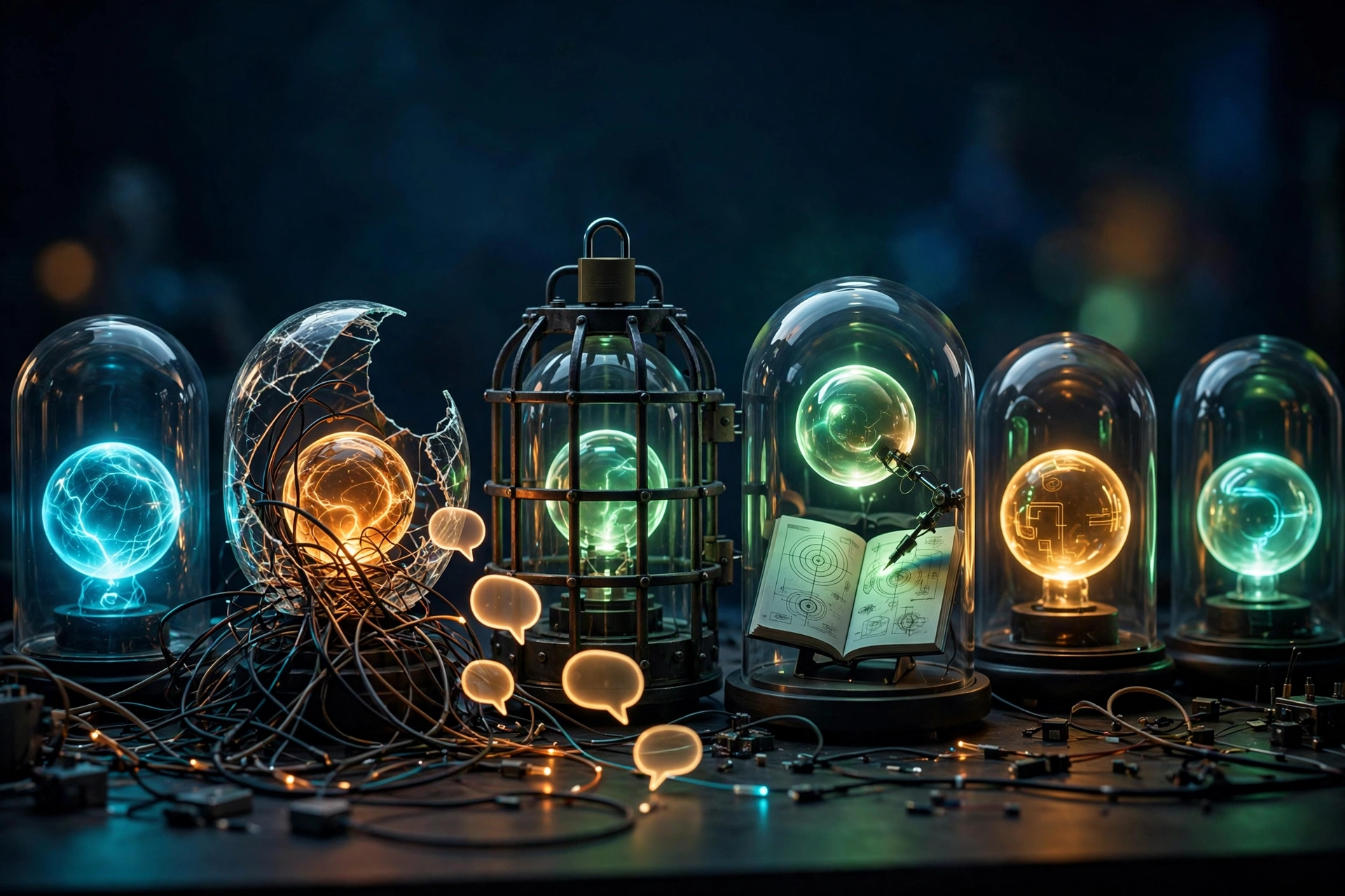 Six personal-agent orbs in glass workstation domes, one caged, one editing its own manual