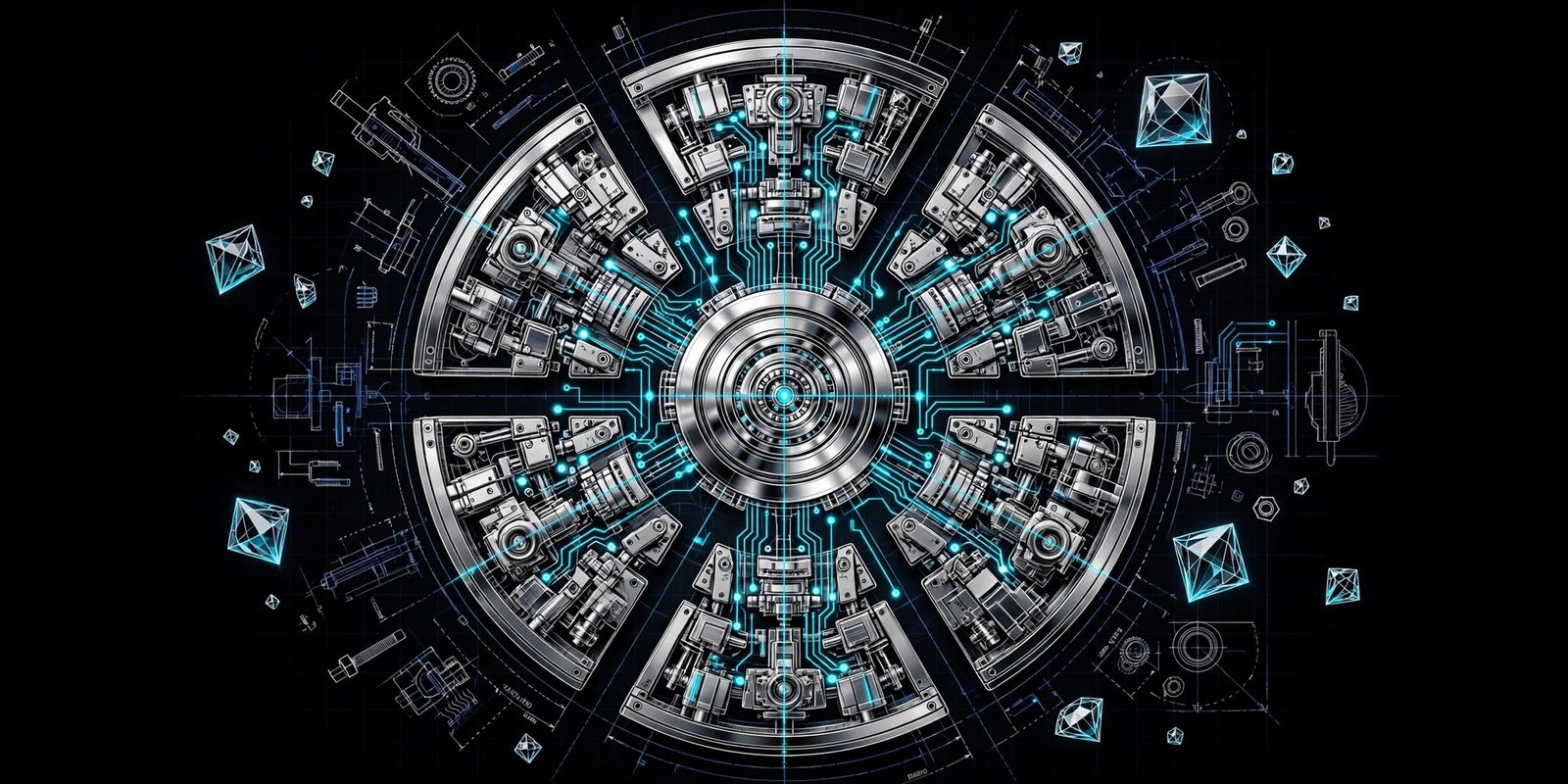 Chrome mechanism diagram with cyan circuit traces
