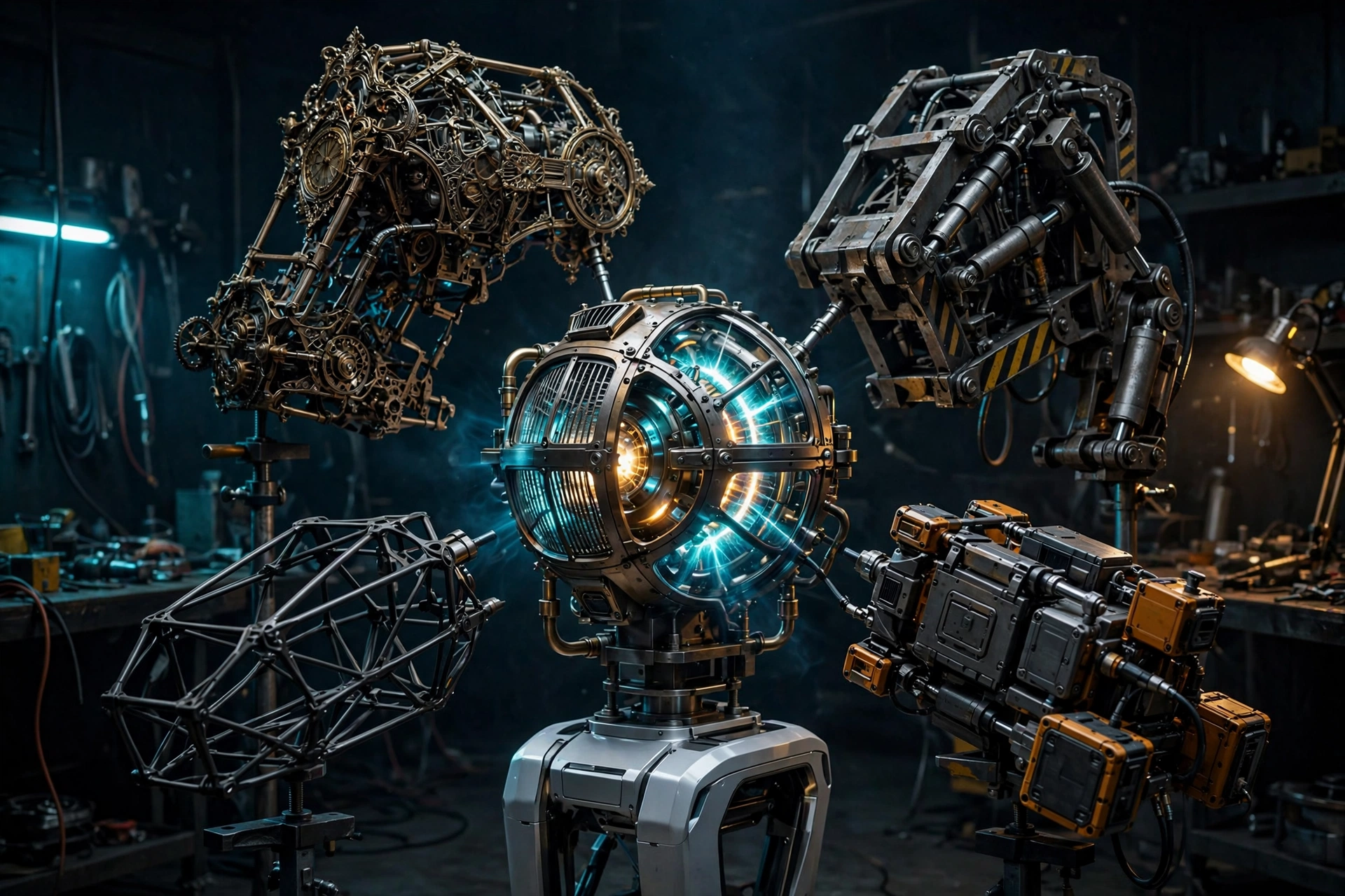 Five different scaffolding rigs around one glowing engine core