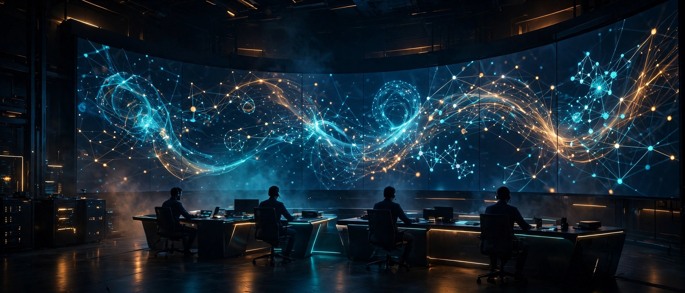 A super intelligence operations center — a curved wall of agent-network monitoring displays above an operations floor