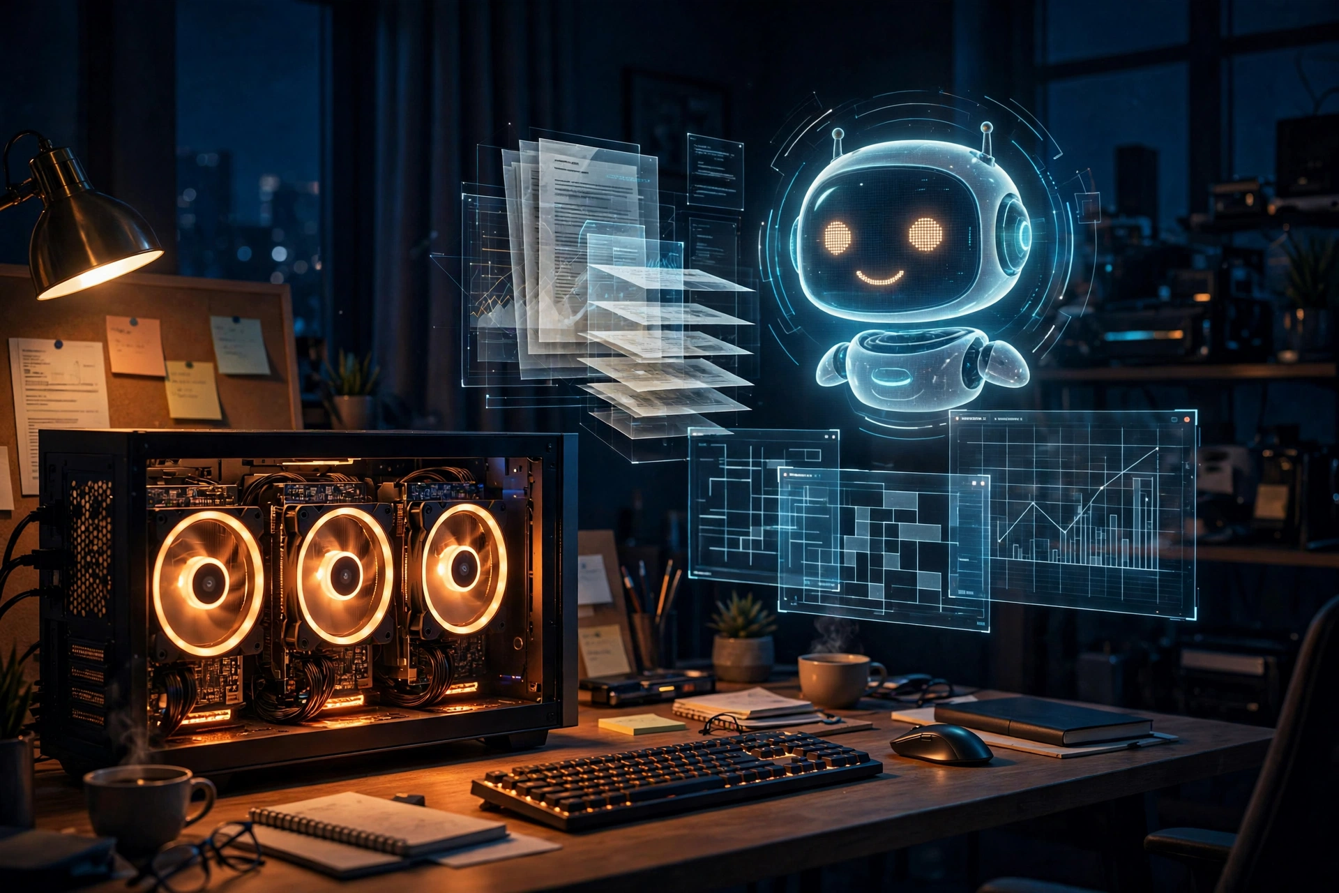 A home workstation with glowing graphics cards and an agent interface organizing work above the desk